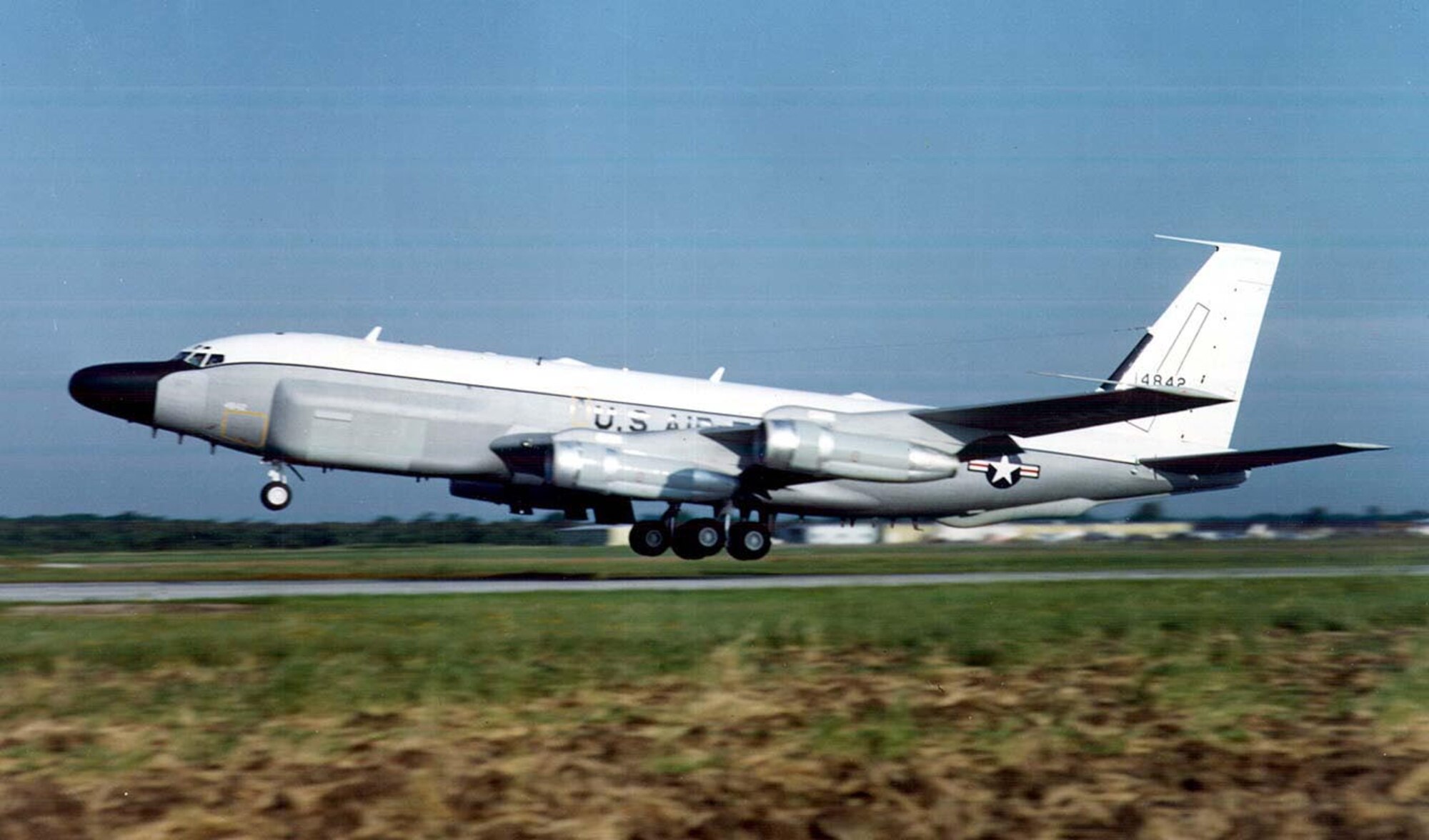 FILE PHOTO -- The hog-nosed RC-135 reconnaissance aircraft, with its extensive antennae array, provides vital real-time battle management information to mission planners, commanders and warfighters. The aircraft is a high-altitude version of the C-135, which is a militarized version of the Boeing 707. The Rivet Joint aircraft, owned and operated by the 55th Wing, Offutt Air Force Base, Neb., provides direct, near real-time reconnaissance information and electronic warfare support to theater commanders and combat forces. The Rivet Joint crew consists of members of several 55th Wing squadrons. (U.S. Air Force photo) 