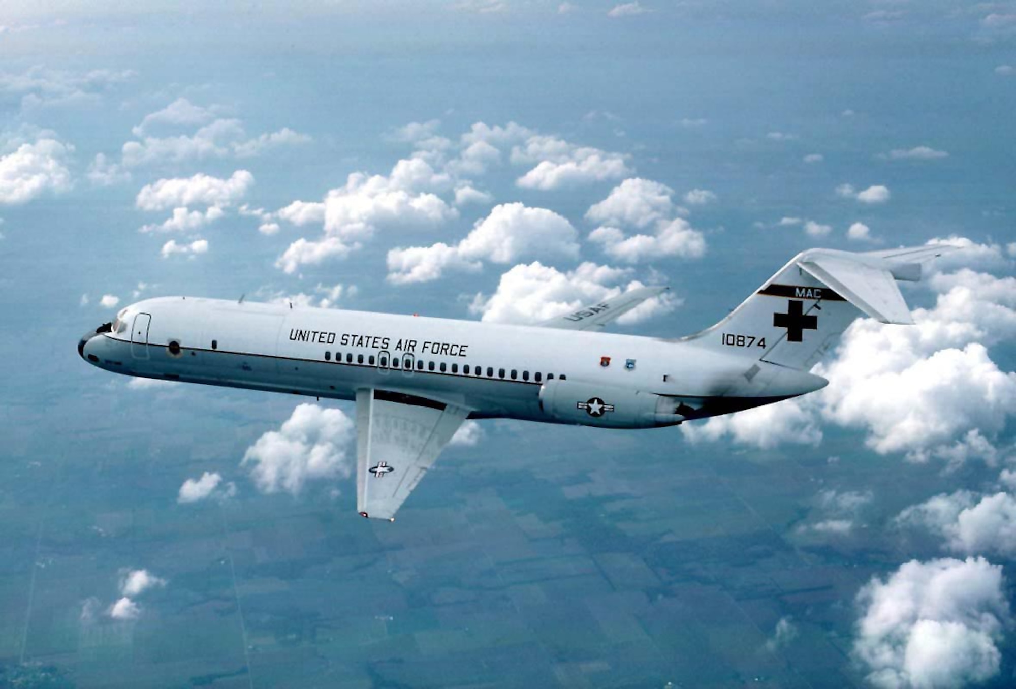 FILE PHOTO -- The C-9 is a twin-engine, T-tailed, medium-range, swept-wing jet aircraft used primarily for Air Mobility Command's aeromedical evacuation mission. The Nightingale is a modified version of the McDonnell Douglas Aircraft Corporation's DC-9. It is the only aircraft in the inventory specifically designed for the movement of litter and ambulatory patients. The C-9A's airlift capability to carry 40 litter patients, 40 ambulatory and four litter patients, or various combinations thereof, provides the flexibility for Air Mobility Command's worldwide aeromedical evacuation role. A hydraulically operated folding ramp allows efficient loading and unloading of litter patients and special medical equipment. (U.S. Air Force Photo) 