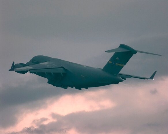 TIRANA, Albania -- A Charleston C-17 Globemaster departs after delivering cargo to Rinas Airport.  Flightline operations continue around the clock at Operation Sustain Hope and NATO Operation Allied Force. (U.S. Air Force photo by Tech. Sgt. Cesar Rodriguez)