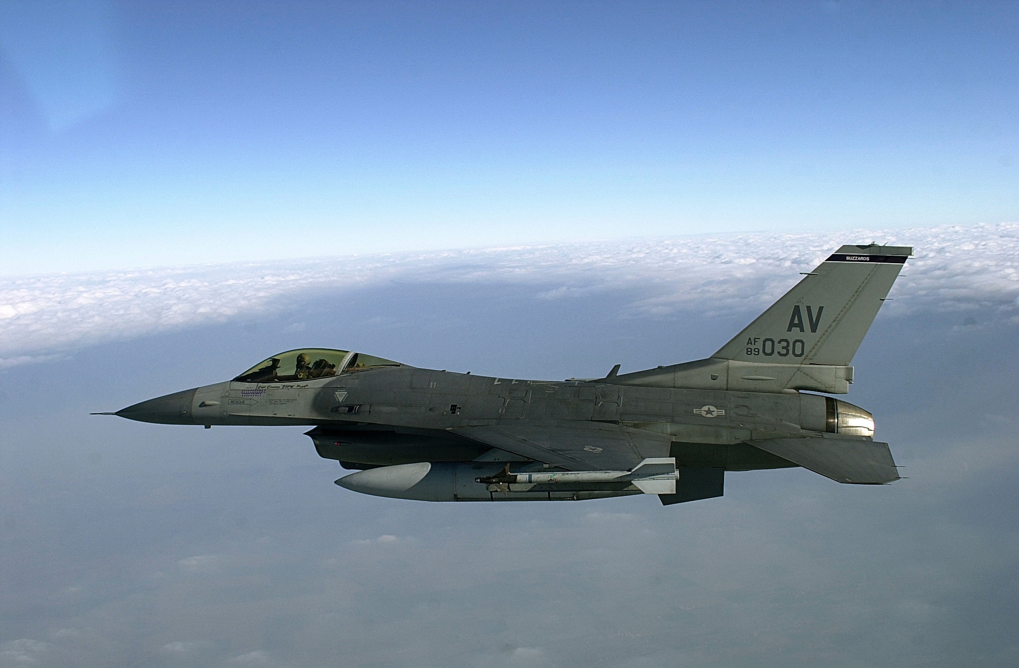 OVER ITALY -- An U.S. F-16 Fighting Falcon flies towards Rimini, Italy to join with the Italian air force in a training mission.   U.S. Air Forces from the 510th Fighter Squadron, Aviano Air Base, Italy and Italian Air Forces from the 83rd Combat Search and Rescue Squadron, Rimini, Italy, participated in a 4-day training mission from Feb. 5 to Feb. 8, 2001.  The mission involved U.S. F-16 aircrews locating and authenticating survivors and coordinate pickup with Italian rescue crews.  F-16s were also tasked with escorting helicopters to protect them from air and ground threats.  This is the first ever tasking of a full-time combat search and rescue mission for F-16s from the 510th Fighter Squadron. (U.S. Air Force photo by Tech. Sgt. Dave Ahlschwede)
