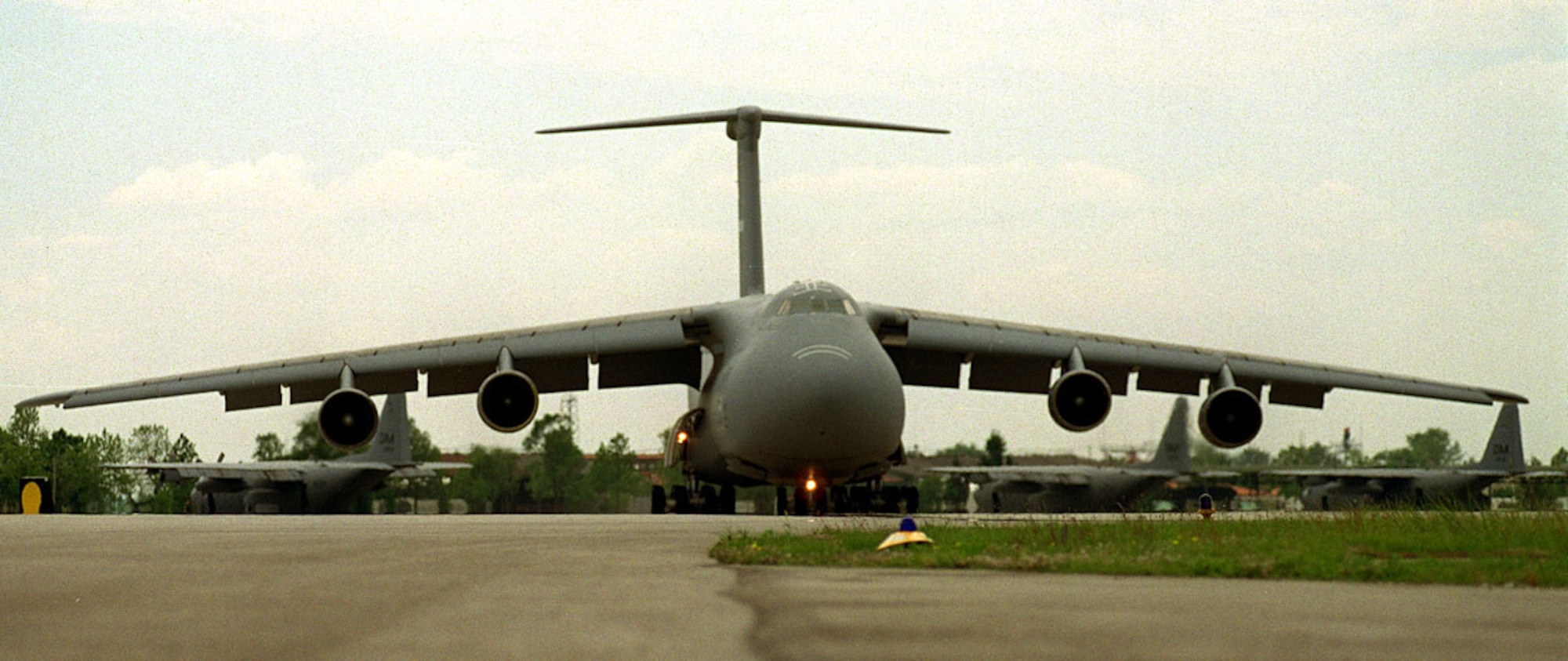 FILE PHOTO -- A C-5 Galaxy transport prepares to launch from Aviano Air Base, Italy.  The C-5 is one of the many aircraft at Aviano supporting NATO's Operation Allied Force.  (U.S. Air Force photo by Senior Airman Delia A. Castillo)