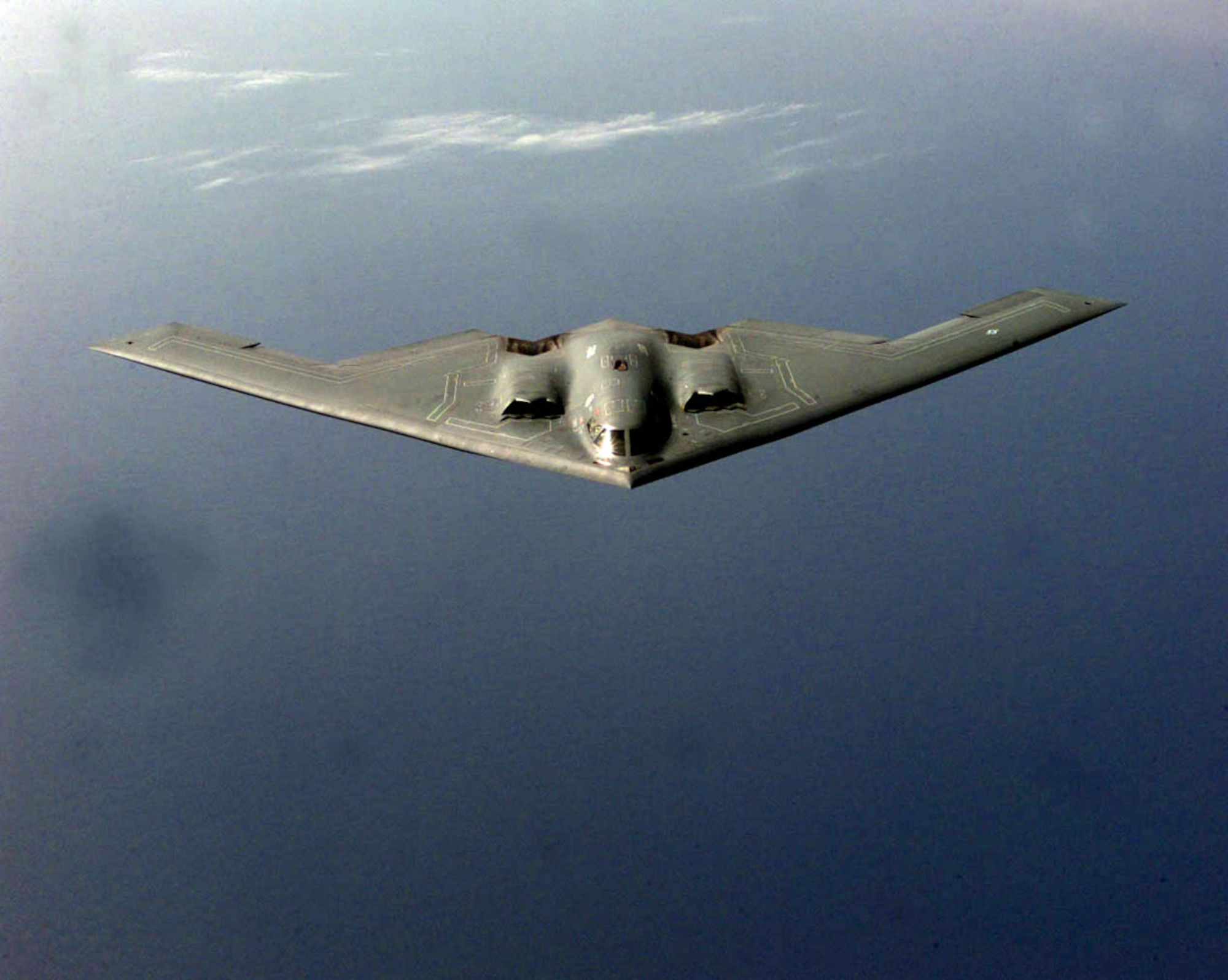 OPERATION ALLIED FORCE -- A B-2 Spirit bomber prepares to receive fuel from a KC-135 Stratotanker during a mission in the European theater supporting NATO Operation Allied Force. The B-2 Spirit is a multi-role bomber capable of delivering both conventional and nuclear munitions. A dramatic leap forward in technology, the bomber represents a major milestone in the U.S. bomber modernization program. The B-2 brings massive firepower to bear, in a short time, anywhere on the globe through previously impenetrable defenses. (U.S. Air Force photo by Staff Sgt. Ken Bergmann) 
