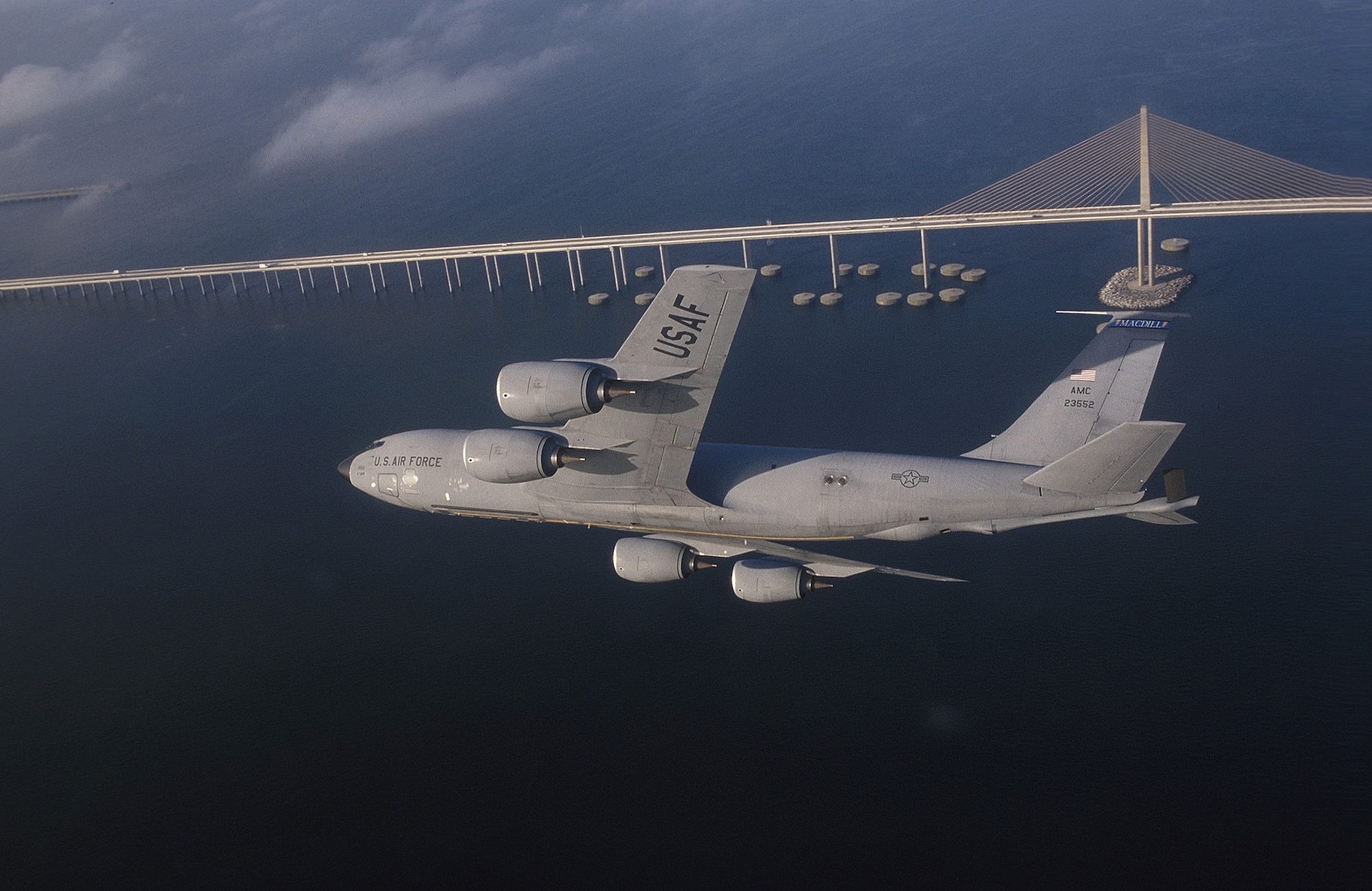 FILE PHOTO --A KC-135R Stratotanker assigned to the 6th Air Refueling Wing, 91st Air Refueling Squadron, at MacDill Air Force Base, Fla., flies a training mission over central Florida. The KC-135's principal mission is air refueling. This asset greatly enhances the U. S. Air Force's capability to accomplish its mission of Global Engagement. It also provides aerial refueling support to U.S. Navy, U.S. Marine Corps and allied aircraft. Four turbofans, mounted under 35-degree swept wings, power the KC-135 to takeoffs at gross weights up to 322,500 pounds. Nearly all internal fuel can be pumped through the tanker's flying boom, the KC-135's primary fuel transfer method. A special shuttlecock-shaped drogue, attached to and trailed behind the flying boom, may be used to refuel aircraft fitted with probes. (U.S. Air Force photo by Master Sgt. Keith Reed) 

