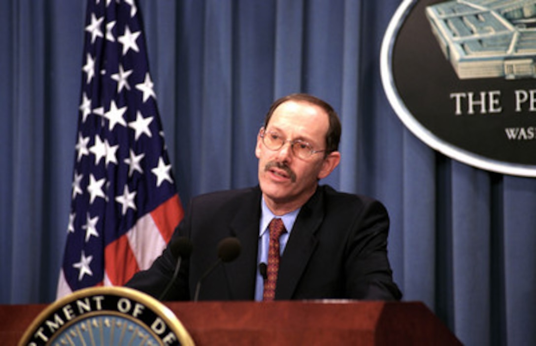 Under Secretary of Defense (Comptroller) Dov Zakheim briefs reporters in the Pentagon on the Department of Defense fiscal 2004 budget submission on Feb. 3, 2003. 