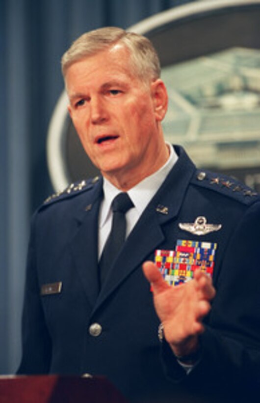 Chairman of the Joint Chiefs of Staff Gen. Richard B. Myers, U.S. Air Force, discusses some of the military priorities and accomplishments of the Department of Defense in the past year during a press briefing at the Pentagon on Dec. 17, 2002. 