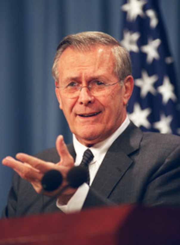 Secretary of Defense Donald H. Rumsfeld discusses some of the military priorities and accomplishments of the Department of Defense in the past year during a press briefing at the Pentagon on Dec. 17, 2002. 