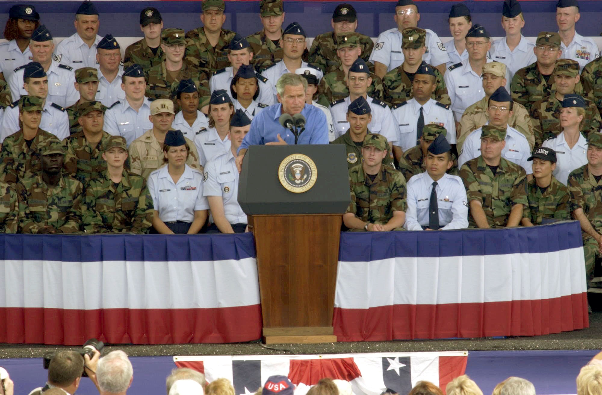 WRIGHT-PATTERSON AIR FORCE BASE, Ohio -- President George W. Bush addresses approximately 20,000 people here July 4.  During his address, Bush said "terrorists are on the run."  (U.S. Air Force photo by Capt. Danielle Burrows)