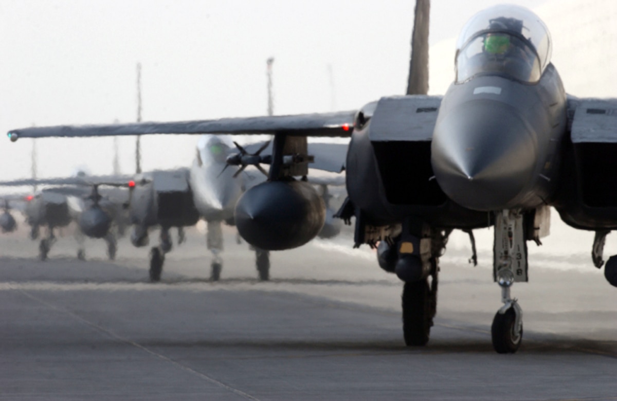 OPERATION IRAQI FREEDOM -- F-15E Strike Eagles from the 494th Fighter Squadron at Royal Air Force Lakenheath, England, arrive at a forward-deployed location in Southwest Asia.  (U.S. Air Force photo by Master Sgt. Terry L. Blevins)