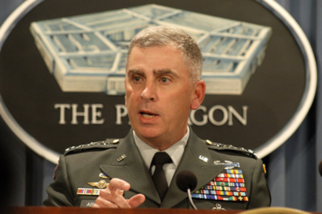 Gen. John P. Abizaid, the newly appointed army officer in charge of U.S. Central Command, briefs reporters at the Pentagon on July 16, 2003, on his view of the current situation in Iraq. 