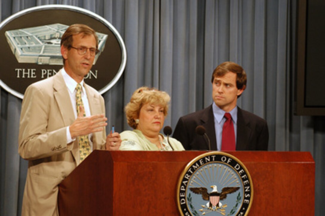 Three authorities on the post-conflict reconstruction of Iraq brief reporters at the Pentagon on July 18, 2003, concerning their assessment of the current situation. Left to right, the presenters are: Rick Barton, senior advisor at the Center for Strategic and International Studies--the organization responsible for releasing the mission assessment report; Johanna Mendelson-Forman, senior program officer for peace, security and humanitarian assistance at the United Nations Foundation, and Bob Orr, vice president and director of the Washington program for the Council on Foreign Relations. 