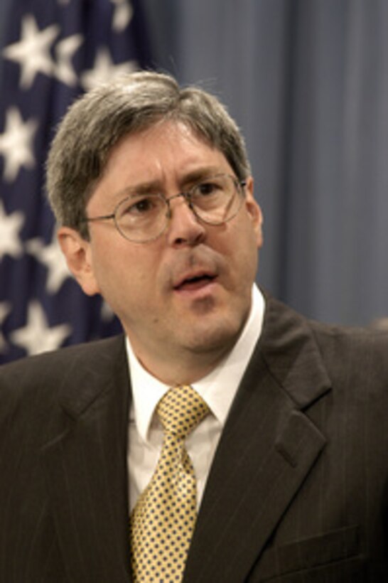 Under Secretary of Defense for Policy Douglas Feith joined three other authorities at the Pentagon, July 18, 2003, in briefing news reporters on the post-conflict reconstruction of Iraq. The findings of the study panel are contained in a report just released by the Center for Strategic and International Studies. 