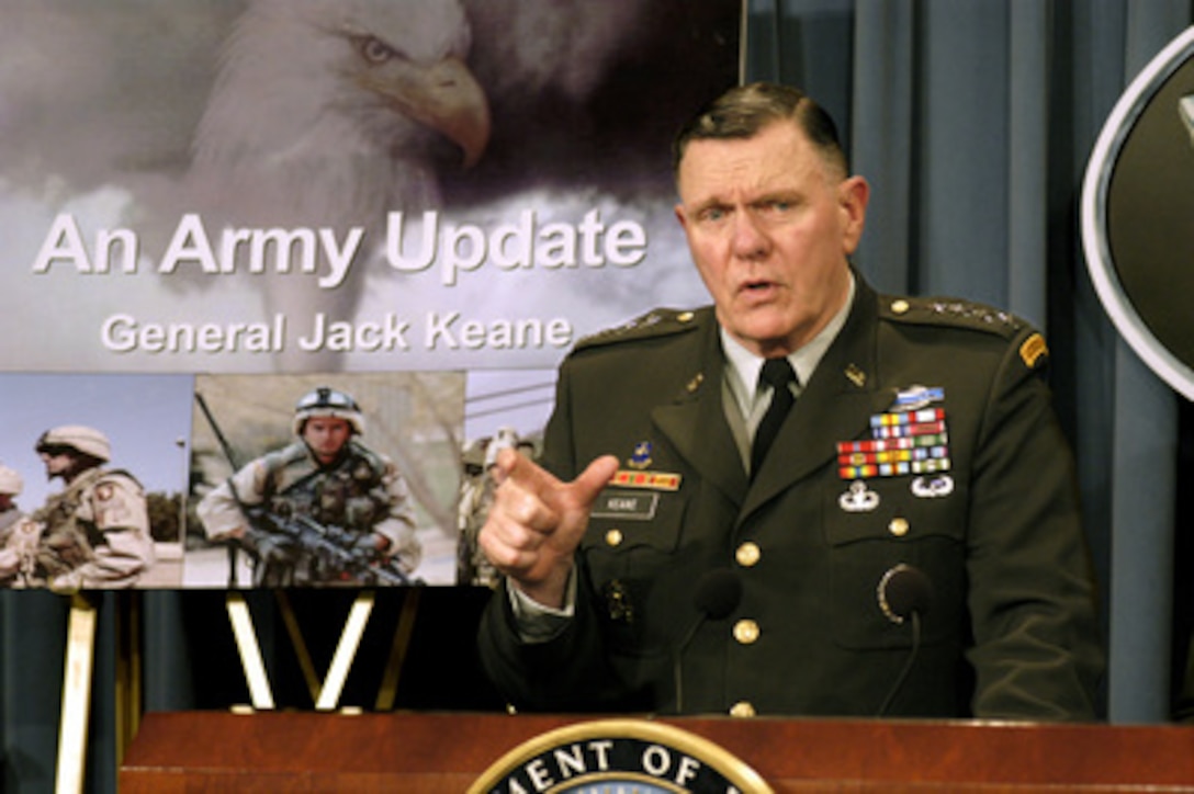 Acting Army Chief of Staff Gen. John M. Keane briefs reporters on how the U.S. Army is organizing to rotate forces supporting Operation Iraqi Freedom during a Pentagon press briefing on July 23, 2003. 