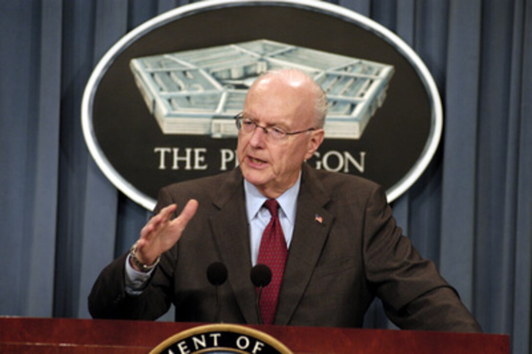Under Secretary of the Air Force Peter B. Teets responds to a reporter's question during a Pentagon briefing on July 24, 2003. Teets briefed reporters on developments in the Evolved Expendable Launch Vehicle program. 