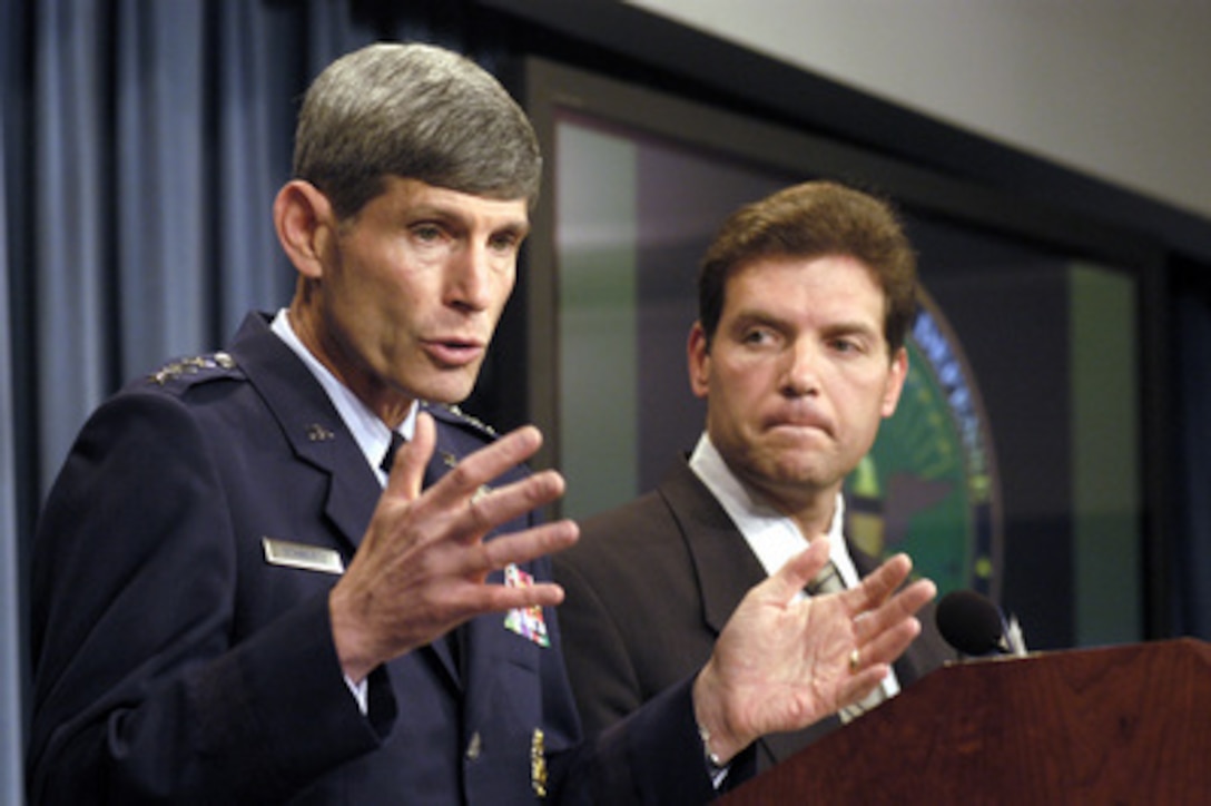 Air Force Lt. Gen. Norton Schwartz, director for operations, J-3, the Joint Staff, responds to a reporter's question regarding the hunt for Saddam Hussein during a Pentagon press conference on July 29, 2003. Schwartz and Special Assistant to the Secretary of Defense Lawrence Di Rita briefed reporters on the coalition's progress in Iraq. 