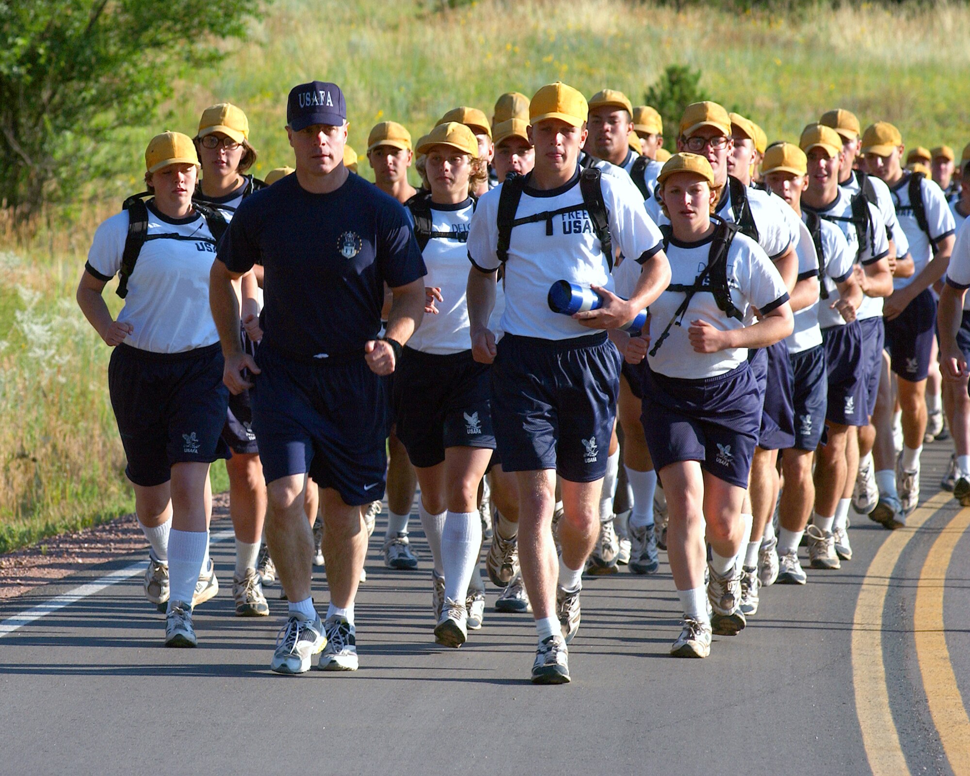 U.S. AIR FORCE ACADEMY, Colo. -- Brig. Gen. John Weida, the academy commandant, joined cadets on the first leg of the 35-mile relay Warrior Run on July 30.  The run was added to basic cadet training here this year.  (U.S. Air Force photo by Danny Meyer)