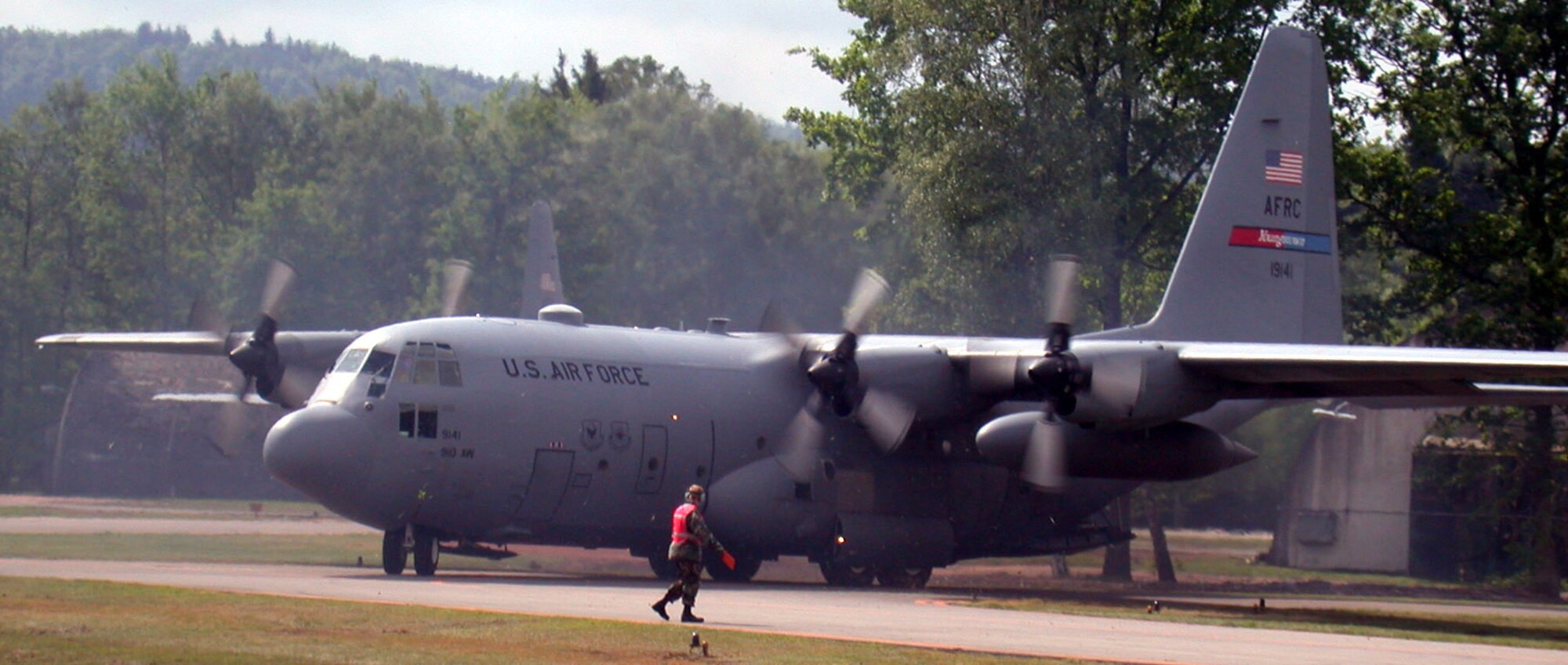 RAMSTEIN AIR BASE, Germany -- An Air Force reservist from the 910th Maintenance Squadron launches a C-130 Hercules from here for a mission supporting Operation Iraqi Freedom.  More than 200 mobilized reservists from the 910th Airlift Wing at Youngstown Air Reserve Station, Ohio, are deployed here and assigned to the 38th Airlift Squadron (Provisional).  (U.S. Air Force photo by Tech. Sgt. Caryn Gardenhire)