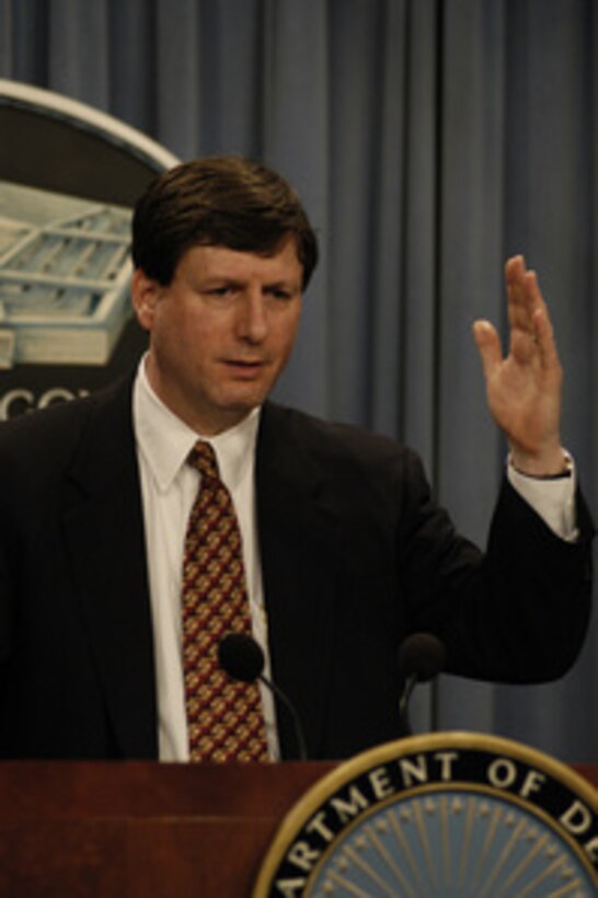Under Secretary of Defense (Intelligence) Stephen A. Cambone responds to a reporter's question during a Pentagon briefing May 30, 2003, on the Iraq Survey Group. 
