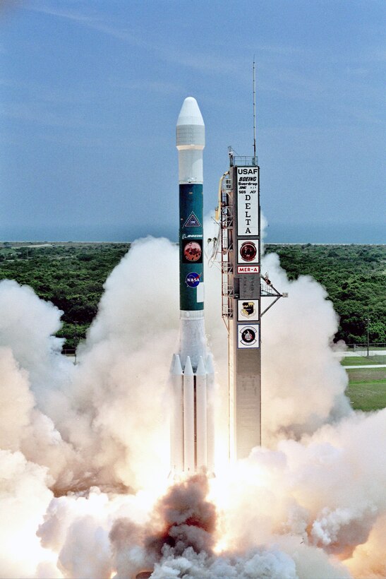 CAPE CANAVERAL AIR FORCE STATION, Fla. (AFPN) -- An Air Force Delta II rocket carrying a Mars rover vehicle lifts off from here June 10.  The rover is expected to reach Mars in January.  (Courtesy photo)