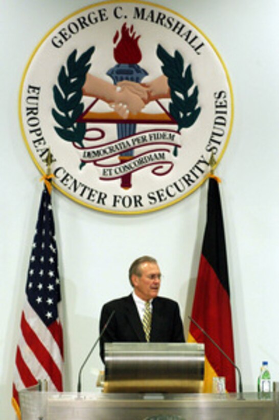Secretary of Defense Donald H. Rumsfeld addresses the audience during ceremonies marking the 10th anniversary of the opening of the George C. Marshall European Center for Security Studies in Garmisch, Germany, on June 11, 2003. The Marshall Center, a cooperative venture sponsored jointly by the U.S. and Germany, is an educational institution seeking to spread democratic government practices and ideals in the newly emerging democracies of Europe and Eurasia. 