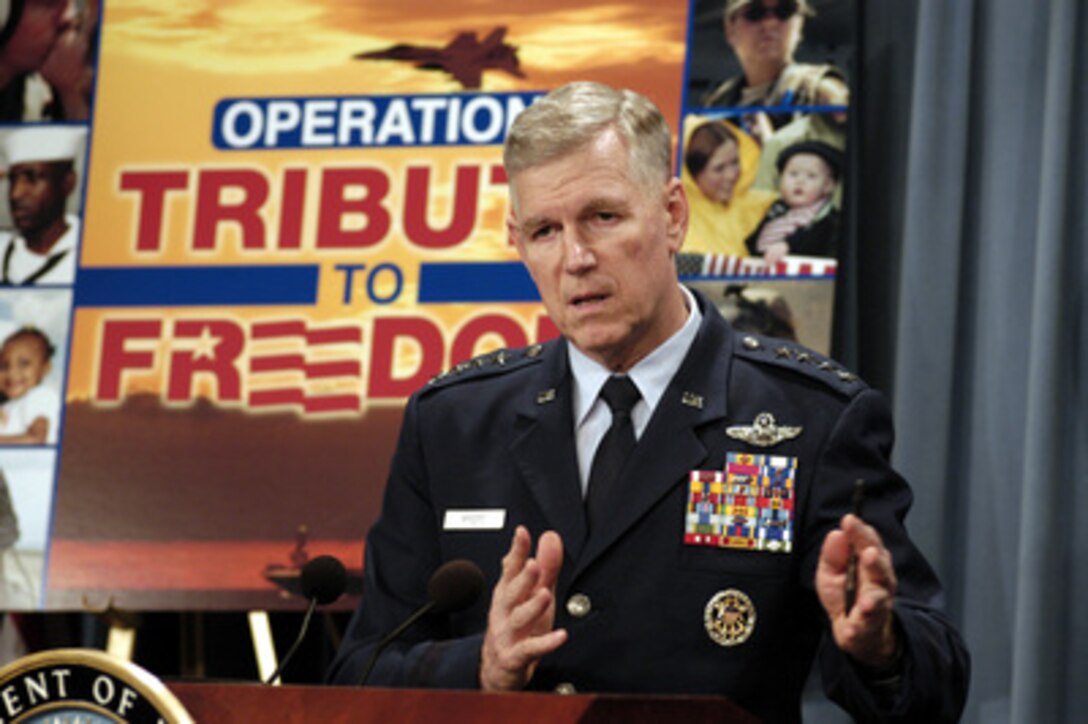 Chairman of the Joint Chiefs of Staff Gen. Richard B. Myers, U.S. Air Force, briefs reporters in the Pentagon on Operation Tribute to Freedom on June 12, 2003. Operation Tribute to Freedom is a widespread program of activities in appreciation for men and women in uniform and the families that support them. 