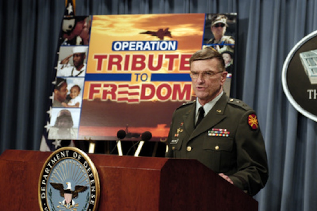 Army Maj. Gen. Anders Aadland briefs reporters in the Pentagon on Operation Tribute to Freedom on June 12, 2003. Operation Tribute to Freedom is a widespread program of activities in appreciation for men and women in uniform and the families that support them. Aadland is the director of the Installation Management Agency. 