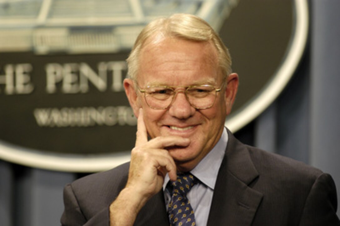 Former U.S. Director for Iraqi Reconstruction and Humanitarian Assistance Jay Garner joins Secretary of Defense Donald H. Rumsfeld for a media availability at the Pentagon on June 18, 2003. Garner spoke of his experiences in Iraq saying that while many Iraqis complained to him about the lack of electricity or water, they would almost invariably follow their criticisms with a thank you for removing Saddam Hussein from power. 