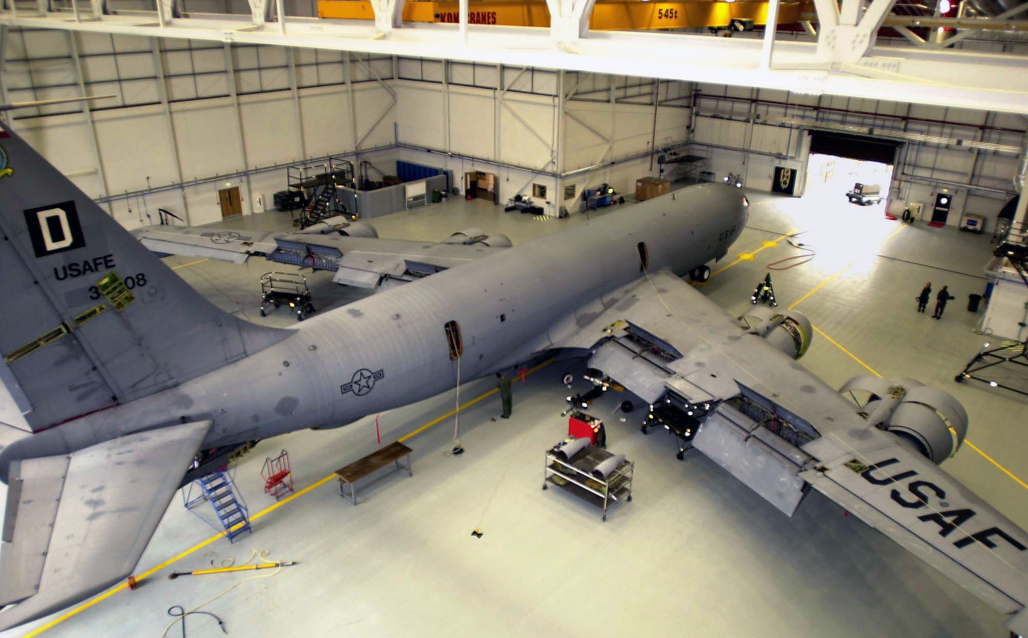 A KC-135 Stratotanker undergoes an isochronal inspection at Royal Air Force Mildenhall, England. The inspection begins with all access panels being removed to check flight controls. Air Force officials announced the selection of the Northrop Grumman company to replace the aging KC-135 and to produce up to 179 of the new air refuelers. (U.S. Air Force photo/Airman 1st Class Franklin J. Perkins)