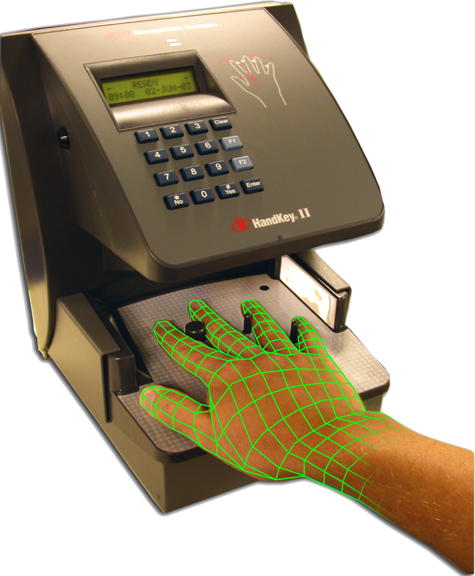 PHOTO ILLUSTRATION -- Privacy is not an issue with the hand scanner.  The scanner senses the geometric shape of the hand, not the fingerprints.  (Photo illustration by Staff Sgt. K.D. Williams)