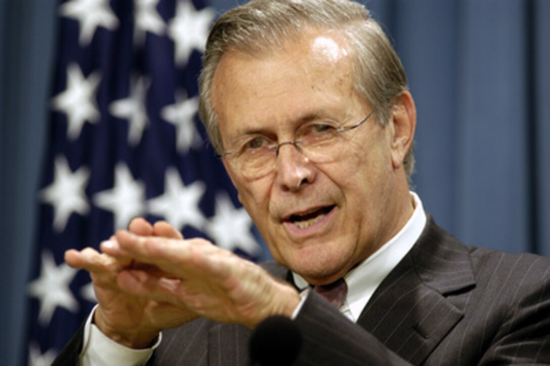 Secretary of Defense Donald H. Rumsfeld responds to a reporter's question during a Pentagon press briefing on June 30, 2003. Rumsfeld and Chairman of the Joint Chiefs of Staff Gen. Richard B. Myers, U.S. Air Force, gave reporters an operational update on Operation Iraqi Freedom. 