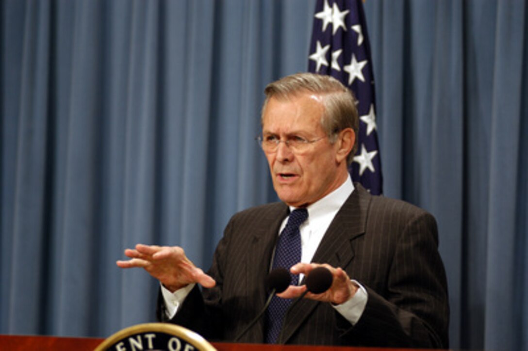Secretary of Defense Donald H. Rumsfeld briefs reporters at a Pentagon press conference on March 5, 2003. Rumsfeld was joined by Commander, Central Command Gen. Tommy Franks, U.S. Army, to give reporters an operational update and field questions on the possible conflict in Iraq. 