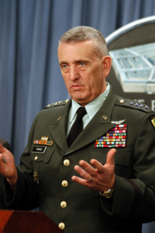 Commander, Central Command Gen. Tommy Franks, U.S. Army, responds to a reporter's question at a Pentagon press conference on March 5, 2003. Franks joined Secretary of Defense Donald H. Rumsfeld to give reporters an operational update and field questions on the possible conflict in Iraq. 