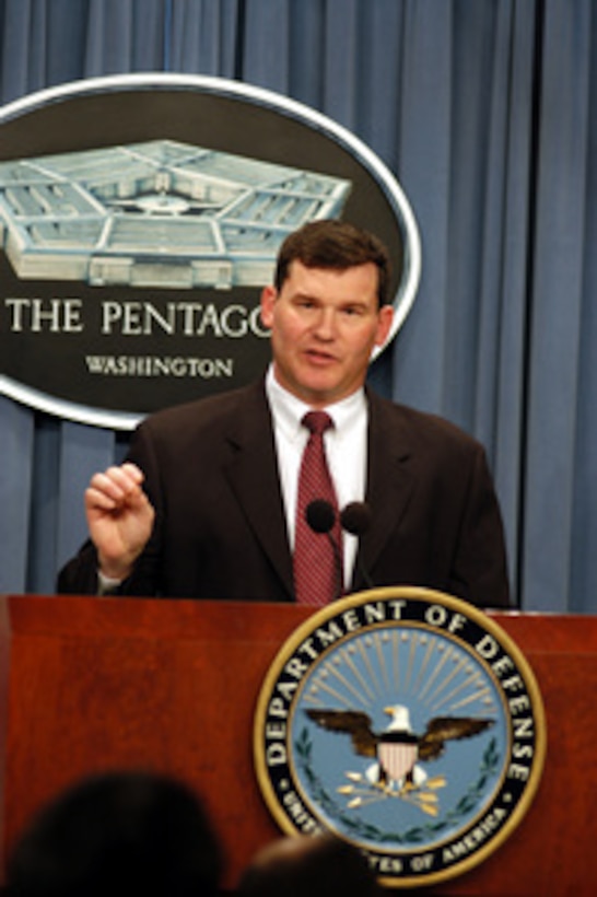 Deputy for the Unmanned Aerial Vehicles Planning Task Force, Office of the Secretary of Defense, Dyke Weatherington briefs reporters on the UAV Roadmap report during a Pentagon press conference on March 18, 2003. The UAV Roadmap outlines development of unmanned aircraft for the next 25 years. 