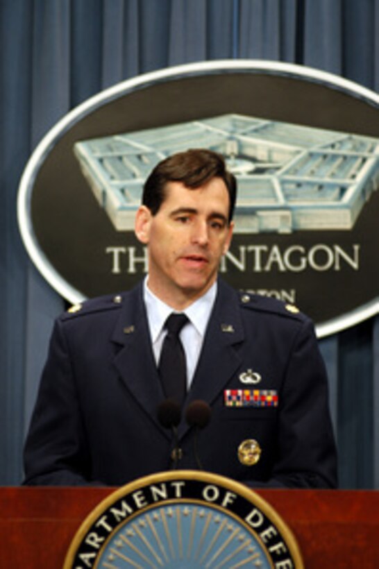 Air Force Maj. Jim McCormick answers a reporter's question during a Pentagon press conference on the Unmanned Aerial Vehicles Roadmap report on March 18, 2003. The UAV Roadmap outlines development of unmanned aircraft for the next 25 years. McCormick is attached to the Office of the Assistant Secretary of Defense, Command Control, Communications and Intelligence. 