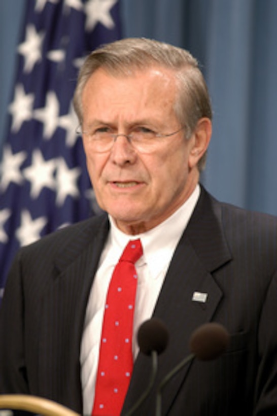 Secretary of Defense Donald H. Rumsfeld briefs reporters in the Pentagon on the first actions against Iraq in support of Operation Iraqi Freedom on March 20, 2003. Rumsfeld and Chairman of the Joint Chiefs of Staff Gen. Richard B. Myers, U.S. Air Force, updated reporters on last night's rapid strike on a target of opportunity in Baghdad. 
