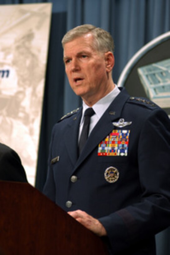 Chairman of the Joint Chiefs of Staff Gen. Richard B. Myers, U.S. Air Force, tells reporters at a Pentagon press briefing on March 21, 2003, about three Iraqi tugboats that were stopped and boarded by coalition ships off the coast of Iraq. The boarding party found weapons, uniforms and over 130 mines on the tugboats. Naval vessels in the Persian Gulf are being extra vigilant to ensure the Iraqi Navy has not placed any mines in international waters. Myers and Secretary of Defense Donald H. Rumsfeld updated reporters on the progress of Operation Iraqi Freedom. 