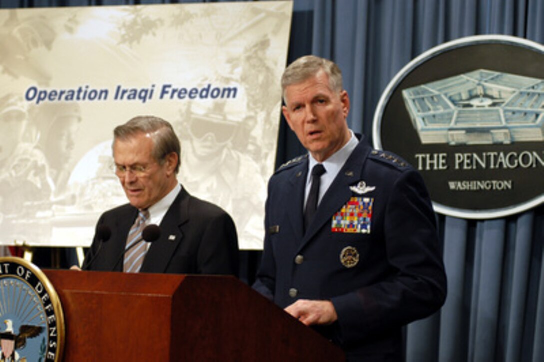 Chairman of the Joint Chiefs of Staff Gen. Richard B. Myers, U.S. Air Force, tells reporters at a Pentagon press briefing on March 21, 2003, about three Iraqi tugboats that were stopped and boarded by coalition ships off the coast of Iraq. The boarding party found weapons, uniforms and over 130 mines on the tugboats. Naval vessels in the Persian Gulf are being extra vigilant to ensure the Iraqi Navy has not placed any mines in international waters. Myers and Secretary of Defense Donald H. Rumsfeld updated reporters on the progress of Operation Iraqi Freedom. 