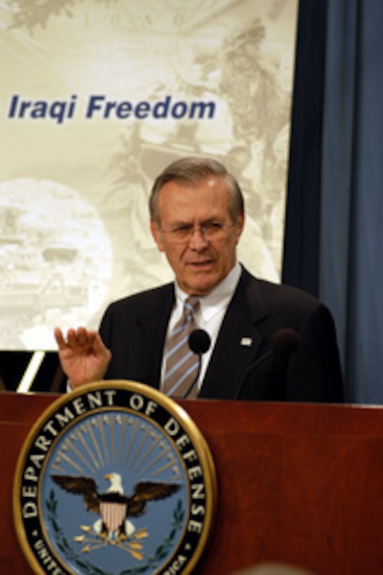 Secretary of Defense Donald H. Rumsfeld answers a reporter's question about the intensity of the air strikes on Baghdad during a Pentagon press briefing on March 21, 2003. Rumsfeld and Chairman of the Joint Chiefs of Staff Gen. Richard B. Myers, U.S. Air Force, updated reporters on the progress of Operation Iraqi Freedom. 