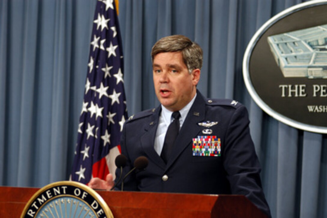 Air Force Col. Gary L. Crowder briefs reporters in the Pentagon on Effects Based Operations on March 19, 2003. Crowder is the chief, Strategy, Concepts and Doctrine, Air Combat Command, Langley Air force Base, Va. 