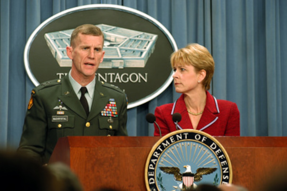 Maj. Gen. Stanley A. McChrystal, U.S. Army, answers a reporter's question during a Pentagon press conference on March 24, 2003. McChrystal and Assistant Secretary of Defense for Public Affairs Victoria Clarke briefed reporters on the progress of Operation Iraqi Freedom, which is the multinational coalition effort to liberate the Iraqi people, eliminate Iraq's weapons of mass destruction and end the regime of Saddam Hussein. 