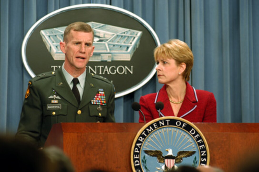 Maj. Gen. Stanley A. McChrystal, U.S. Army, answers a reporter's question during a Pentagon press conference on March 24, 2003. McChrystal and Assistant Secretary of Defense for Public Affairs Victoria Clarke briefed reporters on the progress of Operation Iraqi Freedom, which is the multinational coalition effort to liberate the Iraqi people, eliminate Iraq's weapons of mass destruction and end the regime of Saddam Hussein. 