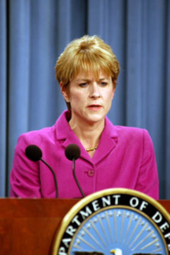 Assistant Secretary of Defense for Public Affairs Victoria Clarke answers a reporter's question during a Pentagon press conference on March 26, 2003. Clarke and Maj. Gen. Stanley A. McChrystal, U.S. Army, briefed reporters on the progress of Operation Iraqi Freedom which is the multinational coalition effort to liberate the Iraqi people, eliminate Iraq's weapons of mass destruction and end the regime of Saddam Hussein. McChrystal is the vice director for Operations, J-3, the Joint Staff. 