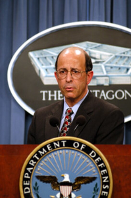 Deputy Under Secretary of Defense for Military Community and Family Policy John M. Molino conducts a Pentagon press briefing on Casualty Notification on March 26, 2003. 