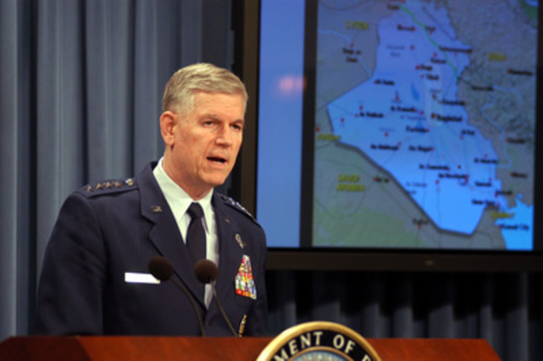 Chairman of the Joint Chiefs of Staff Gen. Richard B. Myers, U.S. Air Force, tells reporters at a Pentagon press briefing on March 28, 2003, that the coalition has air supremacy in over 95 percent of Iraq. Myers and Secretary of Defense Donald H. Rumsfeld gave reporters an update on the progress of Operation Iraqi Freedom, which is the multinational coalition effort to liberate the Iraqi people, eliminate Iraq's weapons of mass destruction and end the regime of Saddam Hussein. 