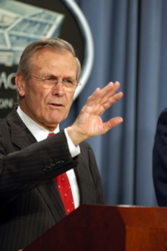 Secretary of Defense Donald H. Rumsfeld briefs reporters on the situation in Iraq during a Pentagon briefing on March 28, 2003. Rumsfeld and Chairman of the Joint Chiefs of Staff Gen. Richard B. Myers, U.S. Air Force, gave reporters an update on the progress of Operation Iraqi Freedom, which is the multinational coalition effort to liberate the Iraqi people, eliminate Iraq's weapons of mass destruction and end the regime of Saddam Hussein. 