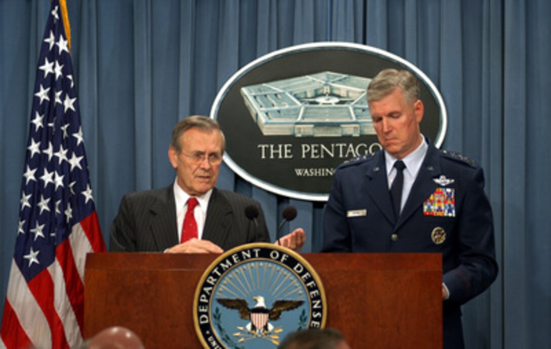 Secretary of Defense Donald H. Rumsfeld briefs reporters on the situation in Iraq during a Pentagon briefing on March 28, 2003. Rumsfeld and Chairman of the Joint Chiefs of Staff Gen. Richard B. Myers, U.S. Air Force, gave reporters an update on the progress of Operation Iraqi Freedom, which is the multinational coalition effort to liberate the Iraqi people, eliminate Iraq's weapons of mass destruction and end the regime of Saddam Hussein. 