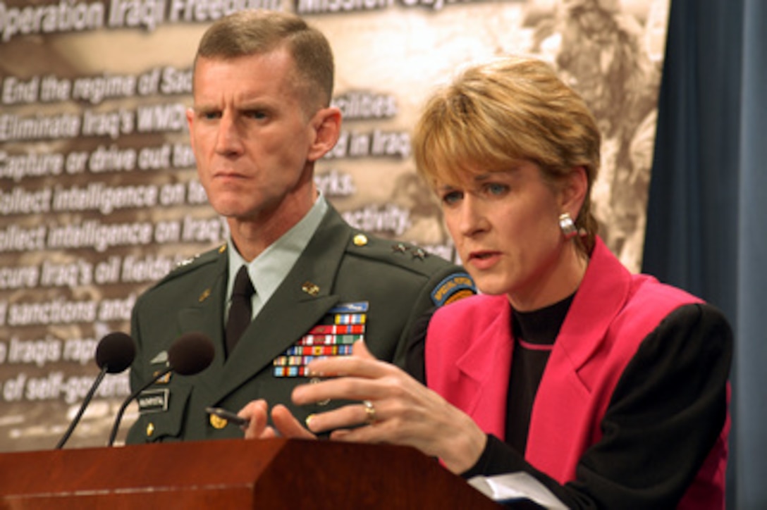 Assistant Secretary of Defense for Public Affairs Victoria Clarke and Maj. Gen. Stanley A. McChrystal, U.S. Army, brief reporters in the Pentagon on the progress of Operation Iraqi Freedom on March 29, 2003. Operation Iraqi Freedom is the multinational coalition effort to liberate the Iraqi people, eliminate Iraq's weapons of mass destruction and end the regime of Saddam Hussein. 