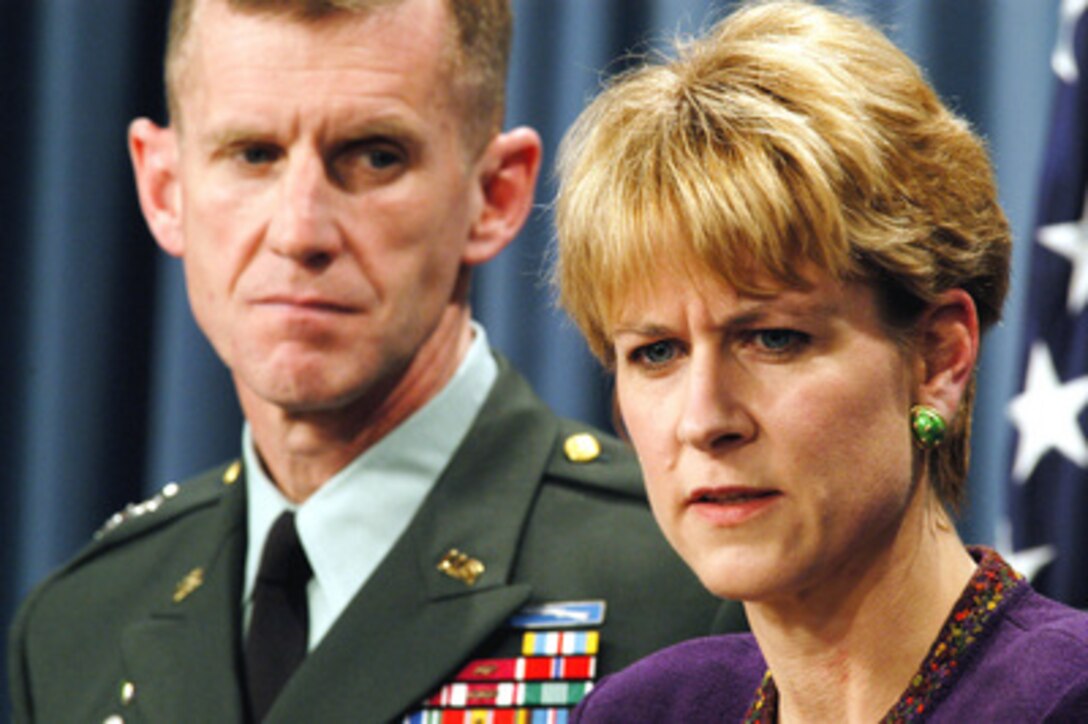 Assistant Secretary of Defense for Public Affairs Victoria Clarke answers a reporter's question during a March 31, 2003, Pentagon press briefing. Clarke and Maj. Gen. Stanley A. McChrystal, U.S. Army, briefed reporters on the progress of Operation Iraqi Freedom which is the multinational coalition effort to liberate the Iraqi people, eliminate Iraq's weapons of mass destruction and end the regime of Saddam Hussein. McChrystal is the vice director for Operations, J-3, the Joint Staff. 