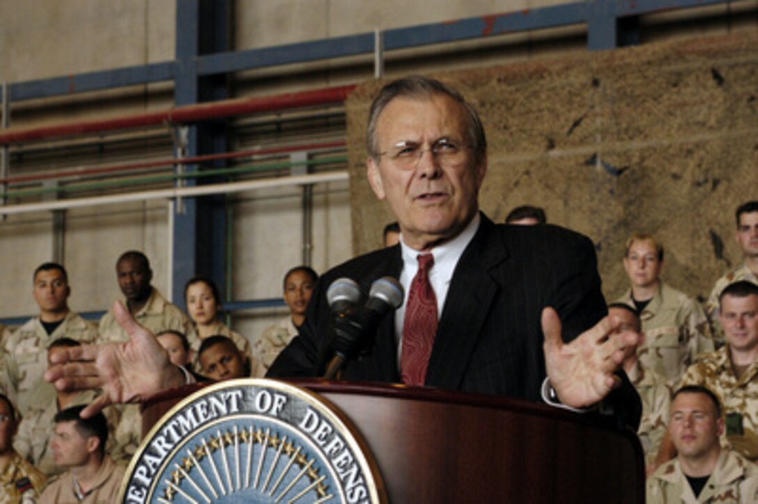 Secretary of Defense Donald H. Rumsfeld responds to a question from the military audience during a town hall meeting at Prince Sultan Air Base, Saudi Arabia, on April 29, 2003. Rumsfeld is visiting the troops and senior leadership in the Persian Gulf region. 