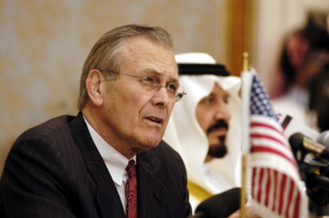 Secretary of Defense Donald H. Rumsfeld responds to a reporter's question during a joint media availability with Saudi Minister of Defense and Aviation Prince Sultan bin Abd al-Aziz Al Saud in Riyadh, Saudi Arabia, on April 29, 2003. Rumsfeld is visiting the troops and senior leadership in the Persian Gulf region. 