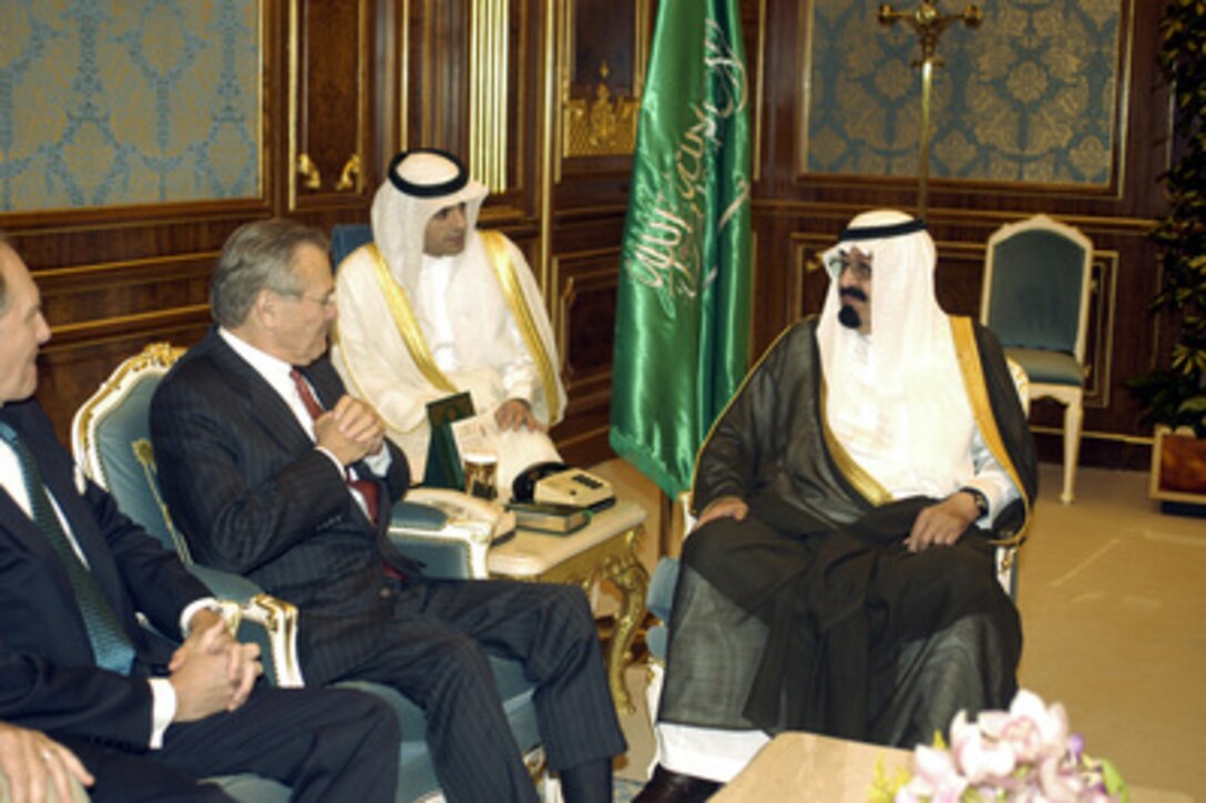 Secretary of Defense Donald H. Rumsfeld meets with Saudi Crown Prince Abdallah bin Abd al-Aziz Al Saud in Riyadh, Saudi Arabia, on April 29, 2003. Rumsfeld is visiting the troops and senior leadership in the Persian Gulf region. 